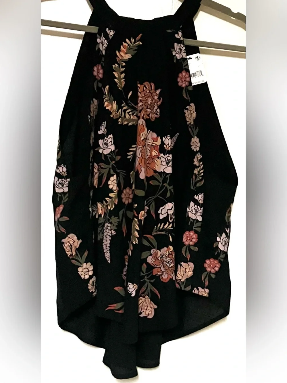 Free People Black Floral Halter Swing Cami with Peach and Cream Flowers: Large